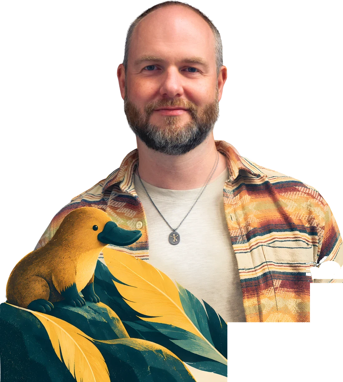Danu Poyner smiling beside the feather-caped platypus, perched on teal and gold leaves