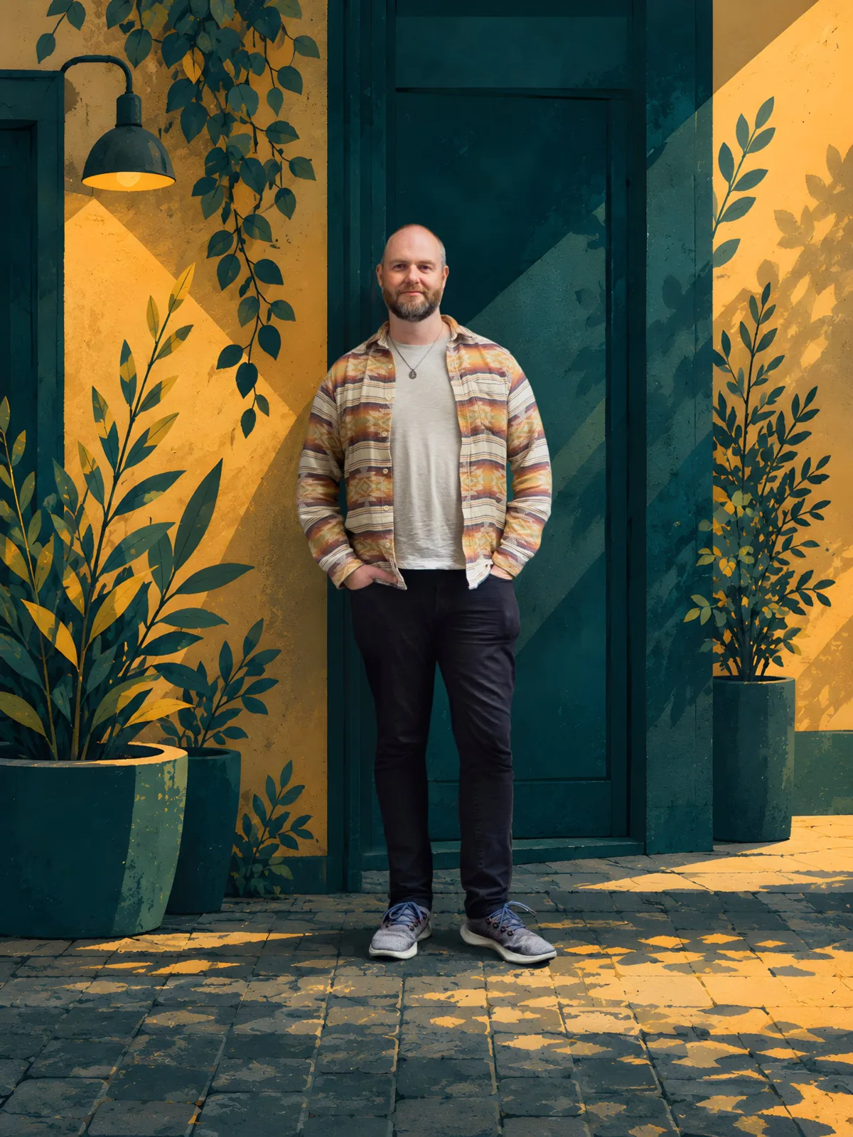 Danu Poyner standing at a deep teal door between painted plants